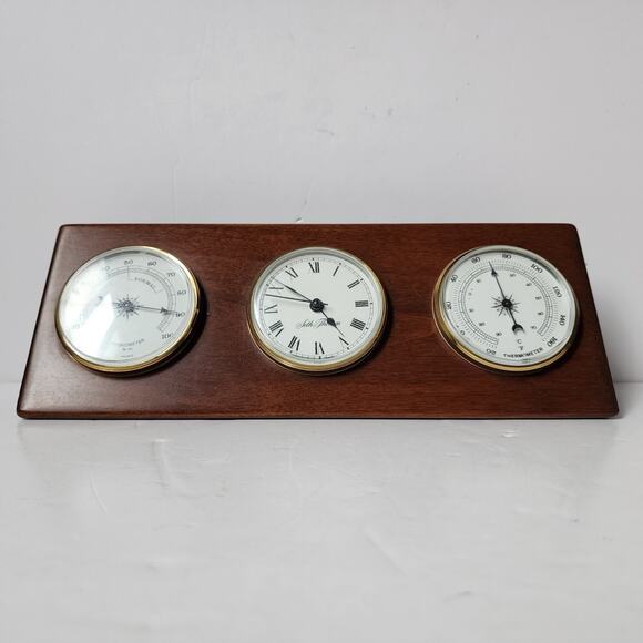 Seth Thomas Desk Weather Station Set in Wood Clock Hygrometer Thermometer Vtg - Picture 1 of 9